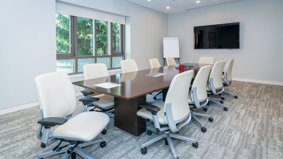 A conference room with a rectangular table, eight chairs, a wall-mounted TV, a flip chart, and a window with a view of greenery.