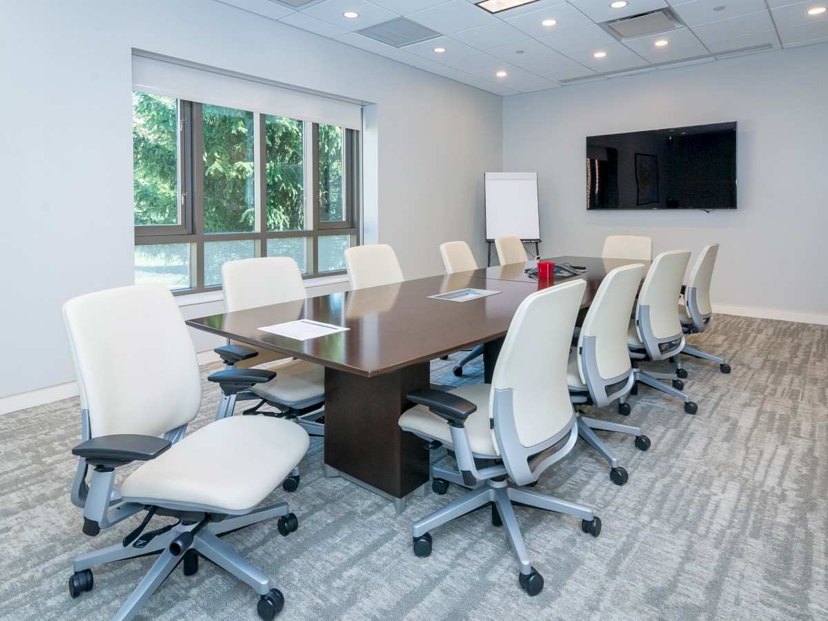 A conference room with a rectangular table, eight chairs, a wall-mounted TV, a flip chart, and a window with a view of greenery.