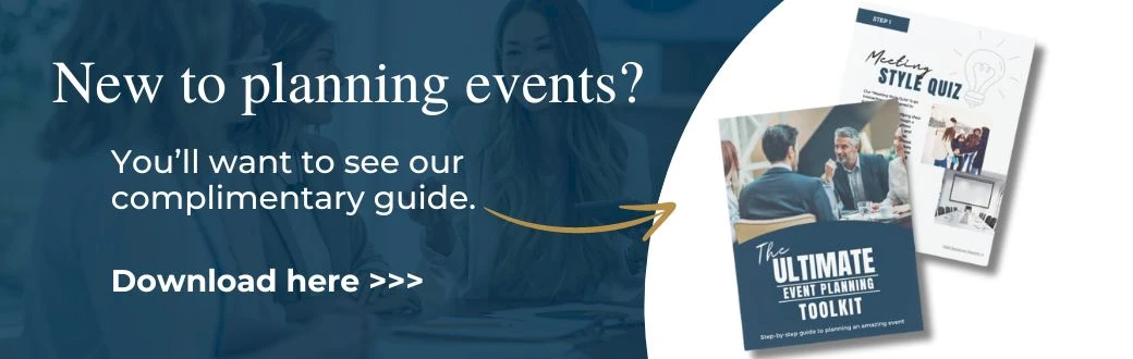 An image promoting a complimentary event planning guide with a download link. It features booklets titled "Meeting Style Quiz" and "The Ultimate Event Planning Toolkit."